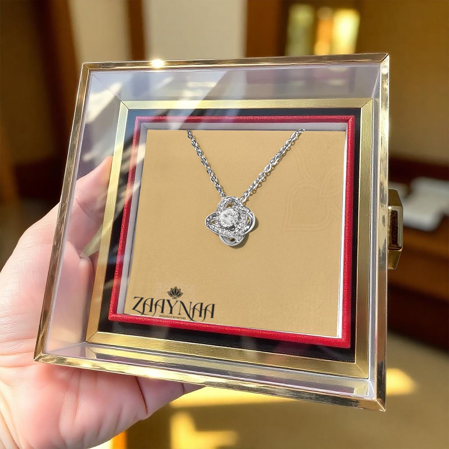 Eternal Bond – Love Knot Necklace with Rotating Rose Gift Box